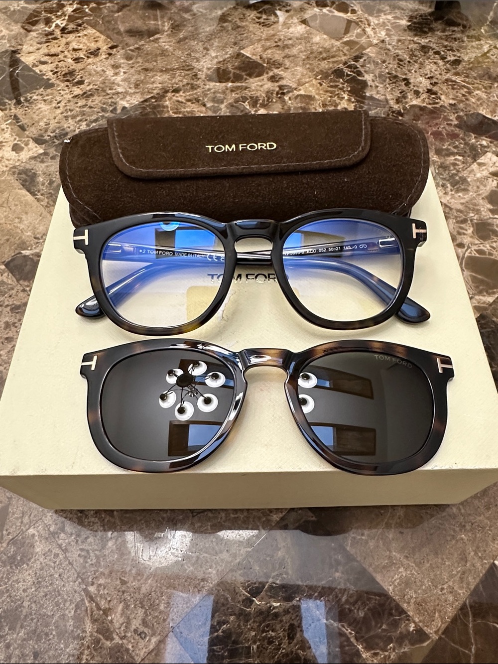 Tom Ford Brown Tortoiseshell Frames with Dark Clip-On Sunglasses